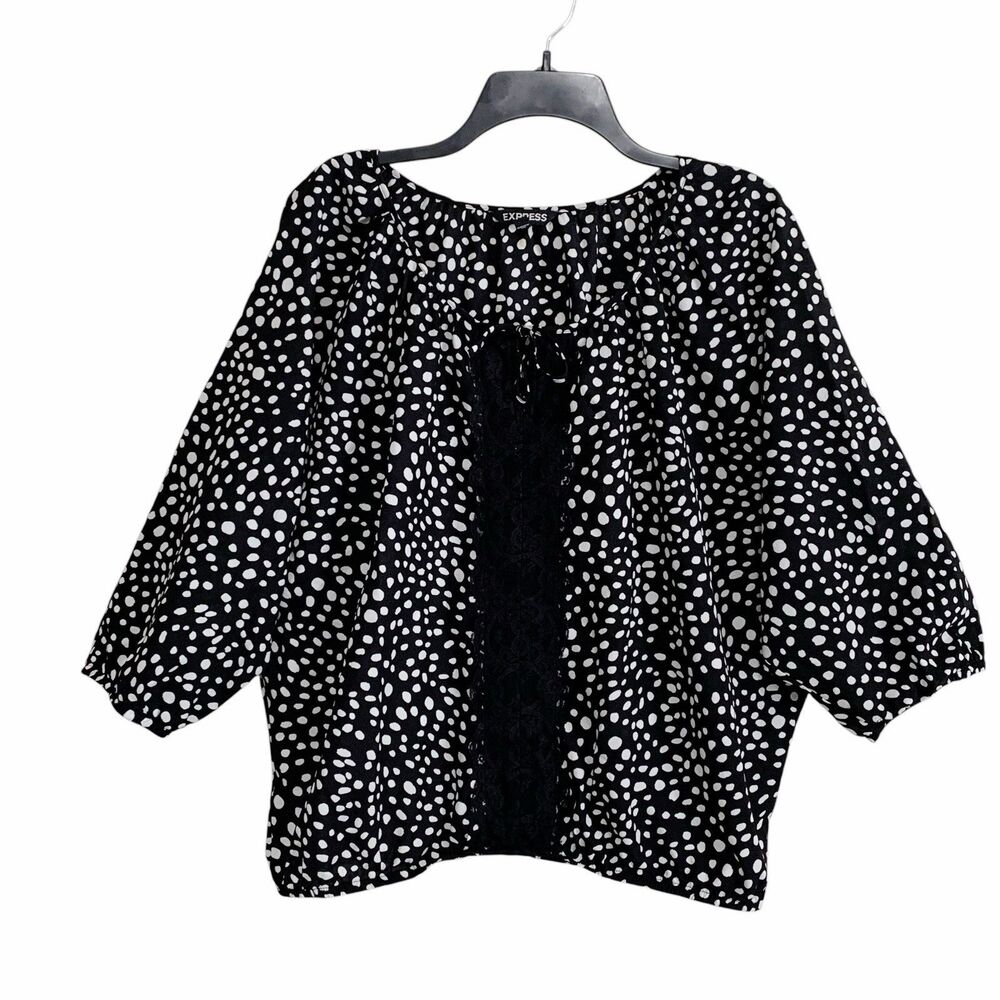 EXPRESS Blouse Top Womens Sz Large Black & White Polka Dots 3/4 Dolman Sleeve
